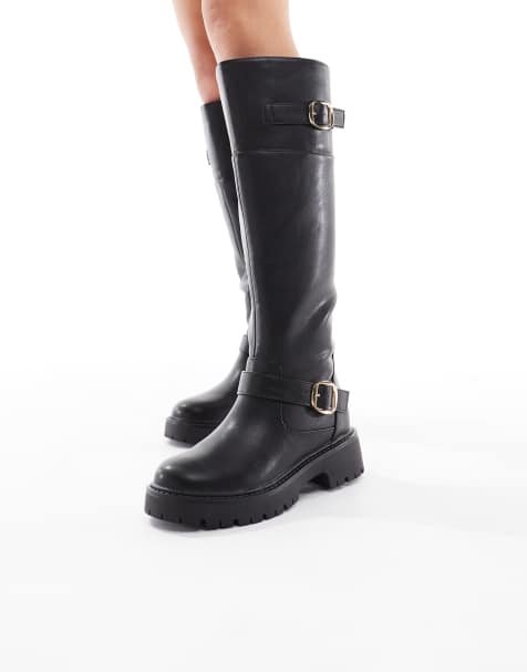 London Rebel Wide Fit Olivia chunky knee boots with buckle detail in black - view 1