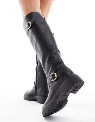 London Rebel Wide Fit Olivia Chunky Knee Boots With Buckle Detail In Black