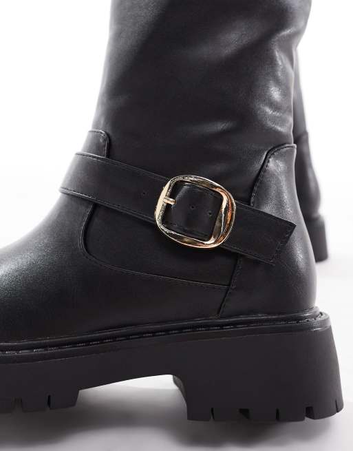 London Rebel Wide Fit Olivia chunky knee boots with buckle detail in black