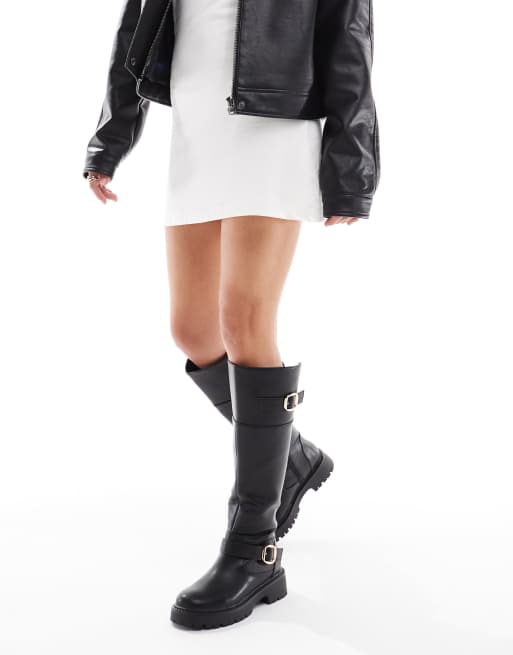 London Rebel Wide Fit Olivia chunky knee boots with buckle detail in black