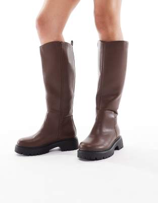 London Rebel Wide Fit - Olivia - Klobige, kniehohe Stiefel in Braun