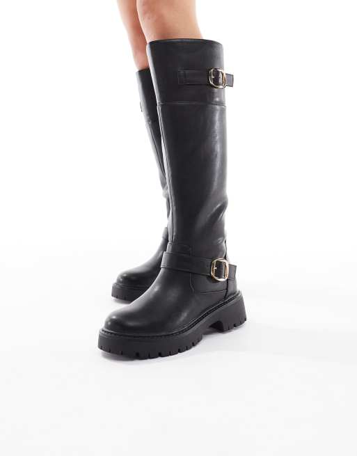 London Rebel Wide Fit – Olivia – Svarta, grova, knähöga boots med spännen