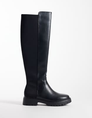 London Rebel Wide Fit Orah Stretch Chunky Knee Boots In Black