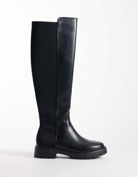 London Rebel Wide Fit Orah stretch chunky knee boots in black - view 1