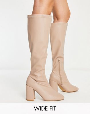 London Rebel Wide Fit Over The Knee Sock Boots In Cream-white