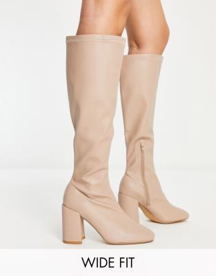 London Rebel Wide Fit Over The Knee Sock Boots In Cream-white