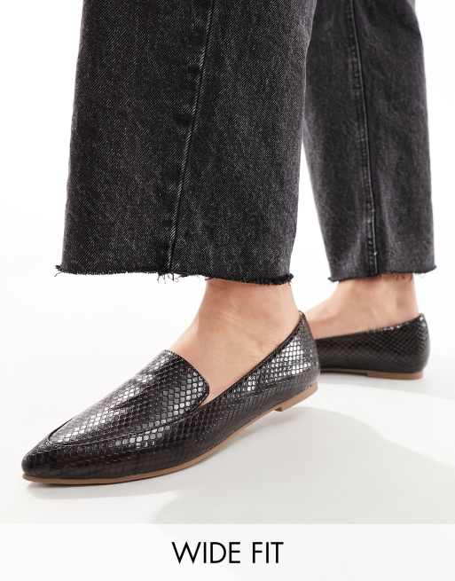 London Rebel Wide Fit – Płaskie loafersy z noskami w szpic we wzór skóry węża