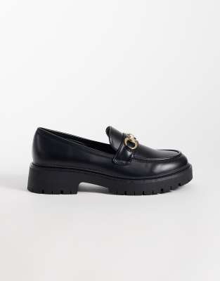 London Rebel Wide Fit Peggy Metal Trim Chunky Loafers In Black