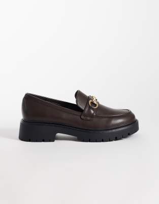 London Rebel Wide Fit Peggy Metal Trim Chunky Loafers In Brown