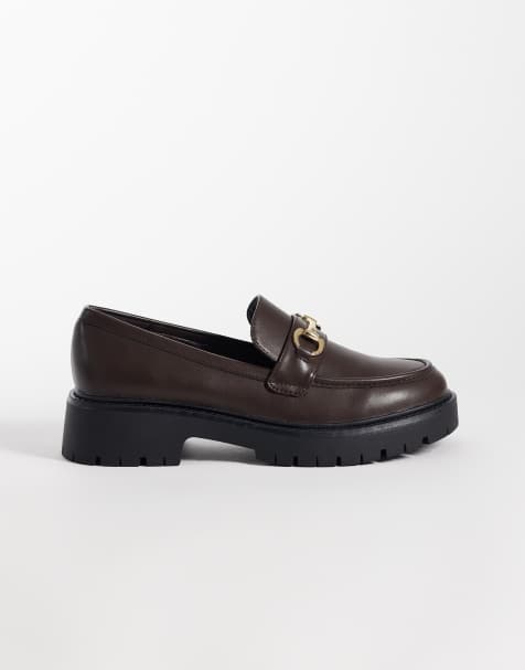 London Rebel Wide Fit Peggy metal trim chunky loafers in brown - view 1