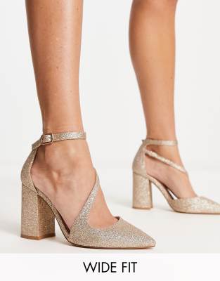 London Rebel Wide Fit Pointed Block Heel Shoes In Gold