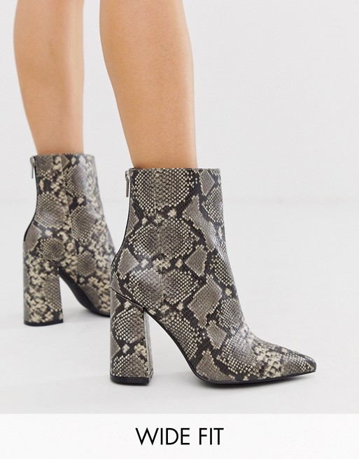 London Rebel wide fit pointed block heeled boot in snake