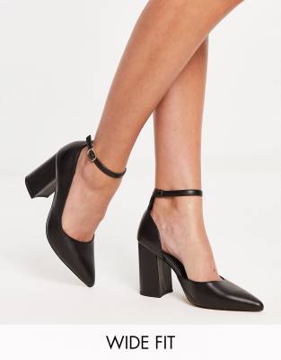 London Rebel Leather Wide Fit London Rebel wide fit pointed block heeled shoes in black
