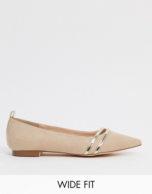 London Rebel wide fit pointed flat ballets in beige and gold