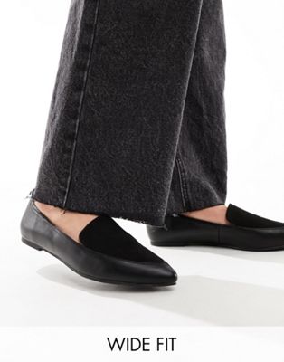 London Rebel Wide Fit Pointed Flat Loafers In Black