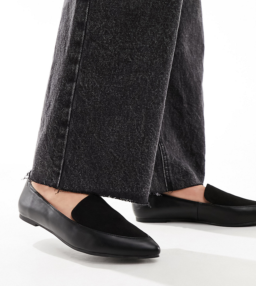 London Rebel Wide Fit pointed flat loafers in black