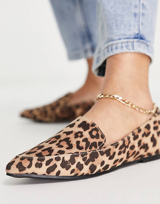 London Rebel wide fit pointed flat loafers in leopard | ASOS