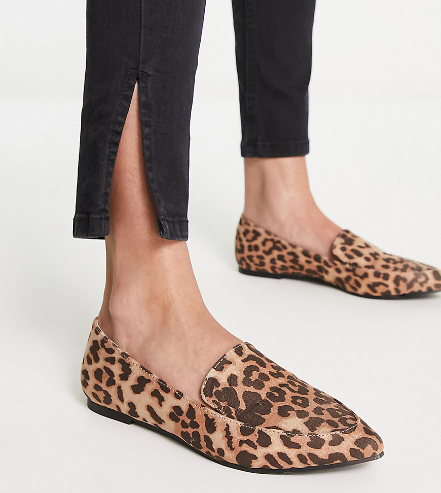 London Rebel Wide Fit pointed flat loafers in leopard-Multi