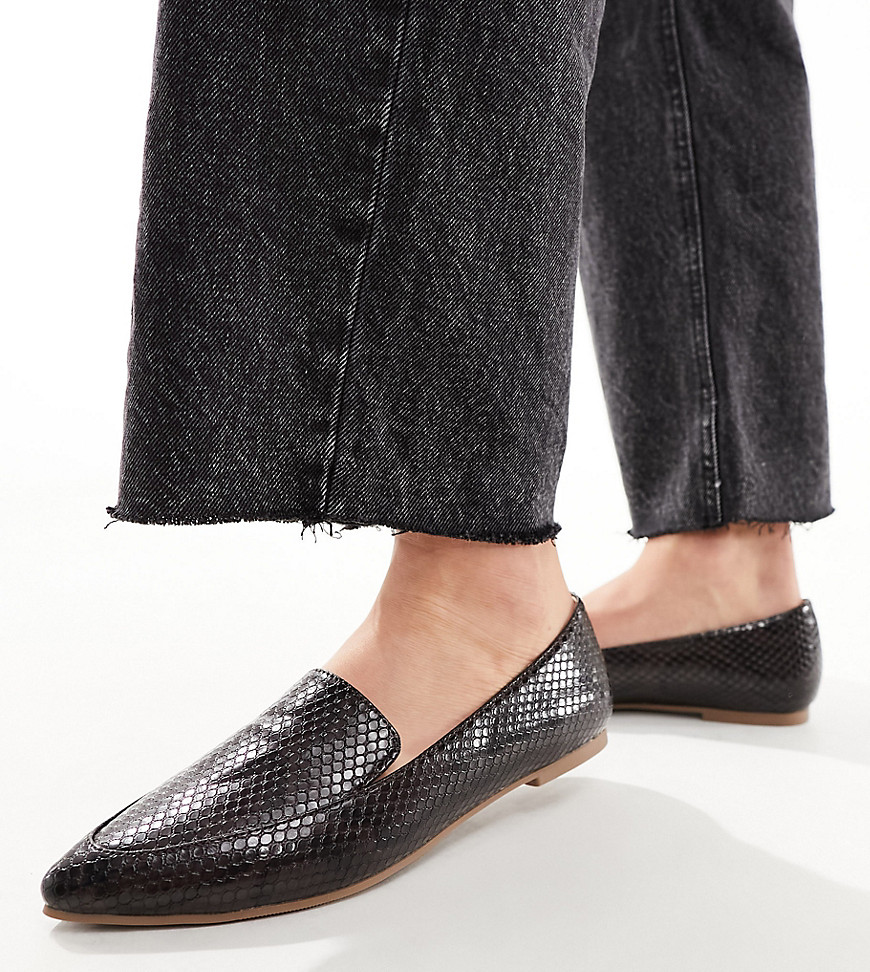 London Rebel wide fit pointed flat loafers in snake-Brown