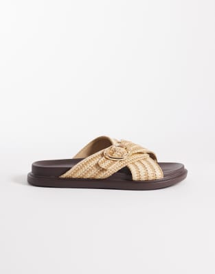 Raya flat sandals with buckle detail in cream raffia