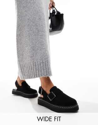 London Rebel Wide Fit - Robin - Mules in Schwarz mit Fersenriemen, weite Passform