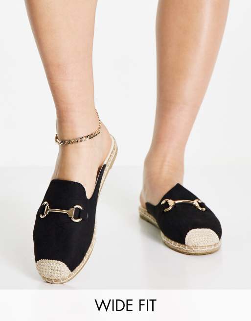London Rebel Wide Fit - Sabot espadrilles a pianta larga nere con barretta