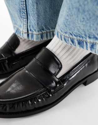 London Rebel Wide Fit Sadie Ruched Detail Loafers In Black