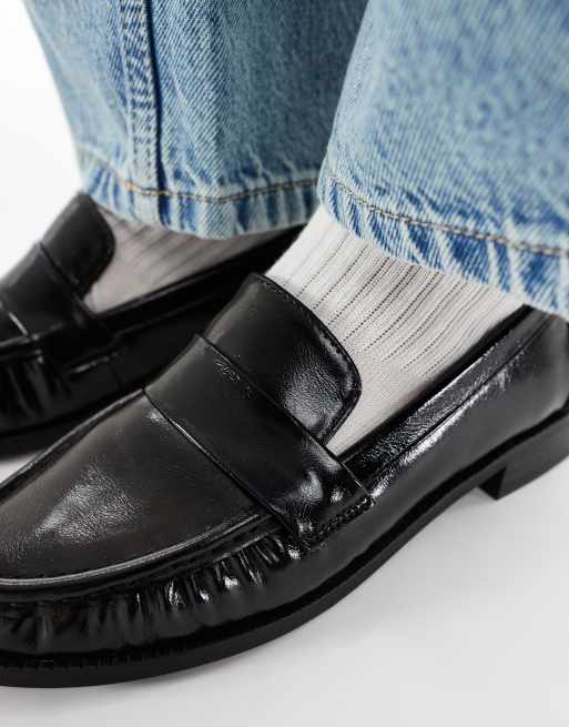 London Rebel Wide Fit Sadie ruched detail loafers in patent black