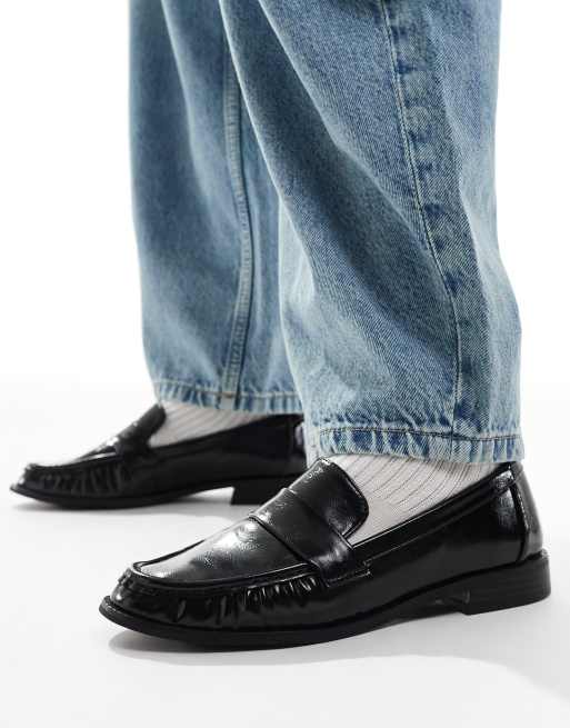 London Rebel Wide Fit Sadie ruched detail loafers in patent black