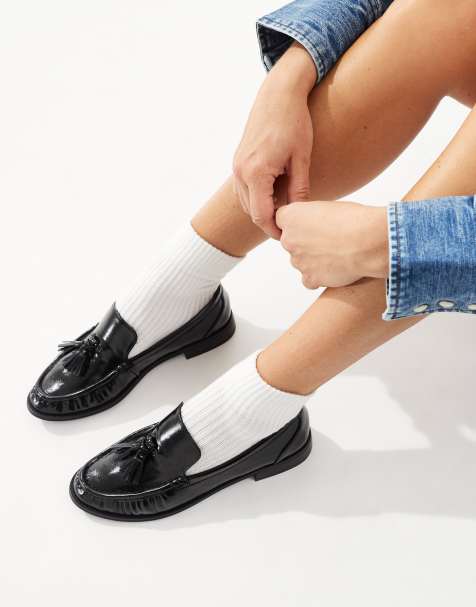 London Rebel Wide Fit Sadie ruched detailing tassel loafers in patent black - view 1