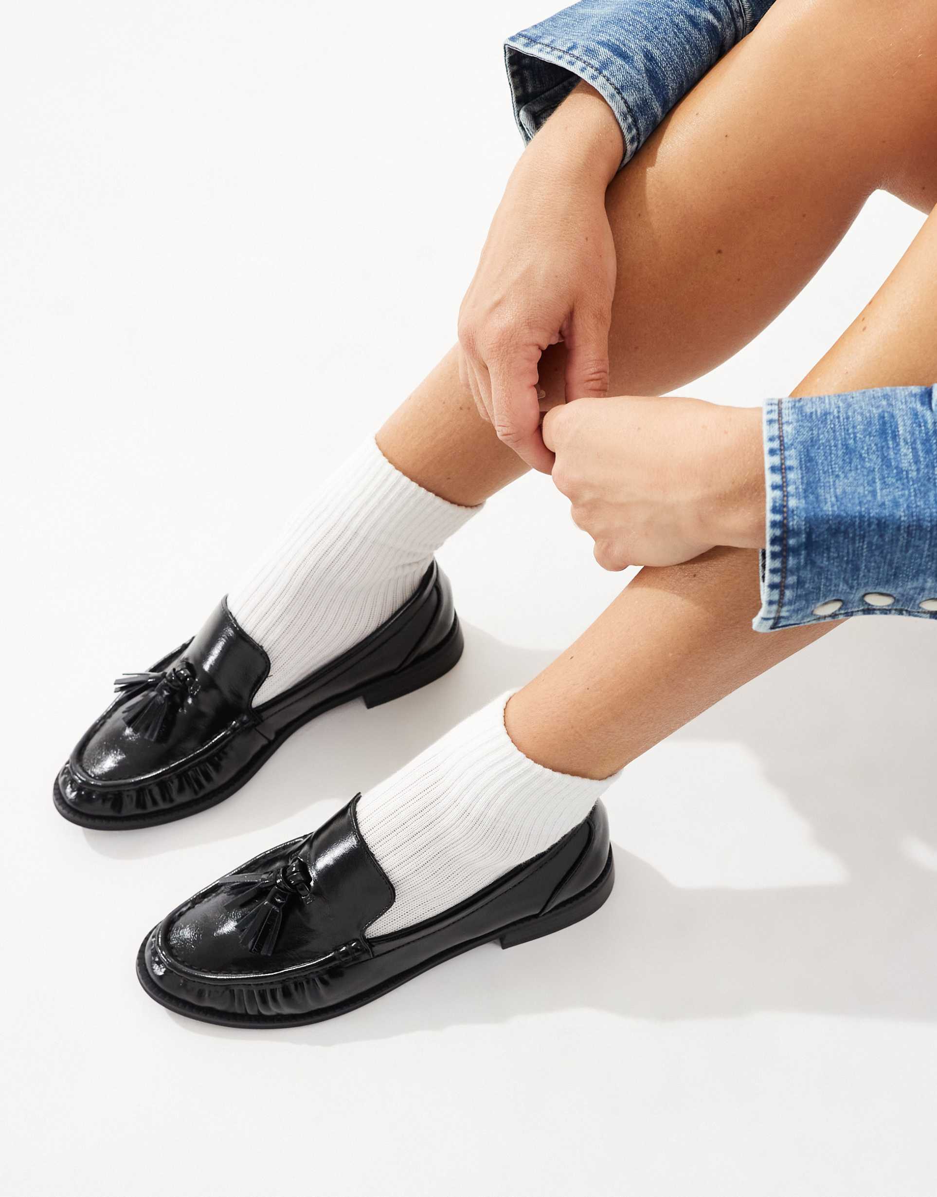 london rebel wide fit sadie ruched detailing tassel loafers in patent black