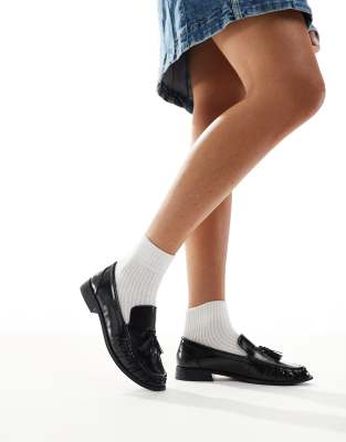 London Rebel Wide Fit Sadie Ruched Detailing Tassel Loafers In Black