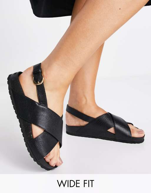 wide fit flat black sandals