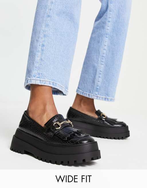 London Rebel Wide Fit snaffle apron loafers in black croc ASOS