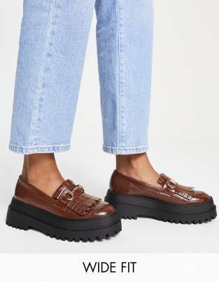 London Rebel wide fit snaffle apron loafers in brown croc