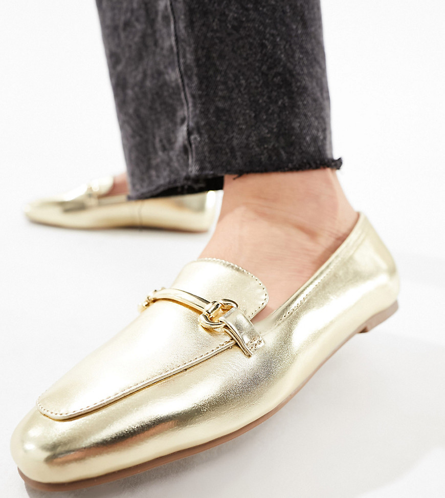 London Rebel wide fit snaffle trim loafers in champagne-Gold