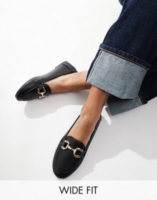 London Rebel Wide Fit Snaffle Trim Pointed Flat Shoes In Black
