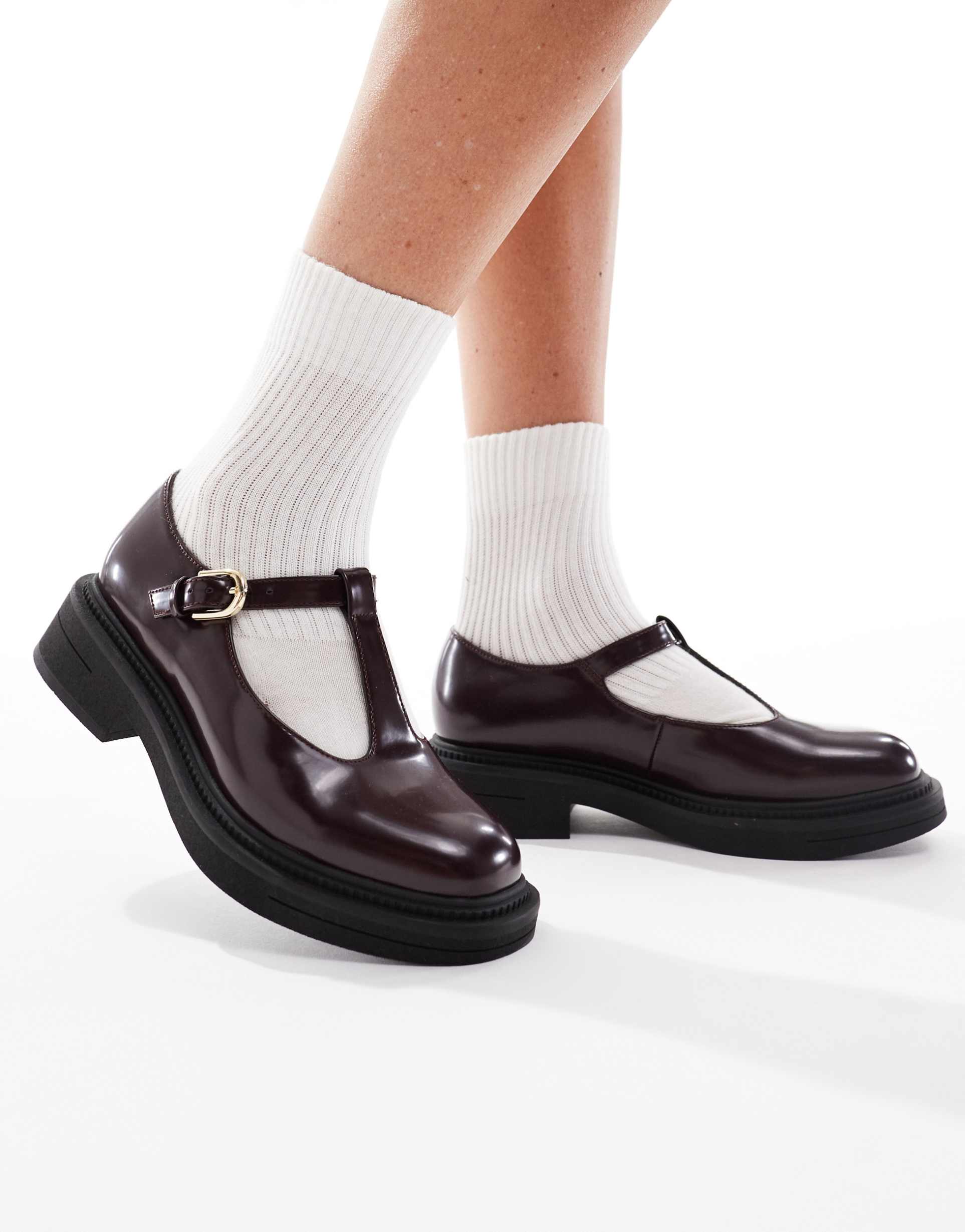london rebel wide fit sophia chunky mary jane shoes in burgundy