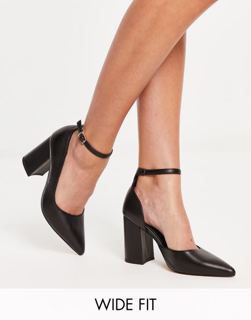 London Rebel Wide Fit – Spitze Schuhe in Schwarz mit Blockabsatz