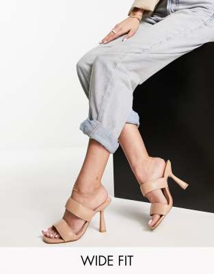 London Rebel Wide Fit Square Toe Heeled Mule Sandals In Beige-neutral