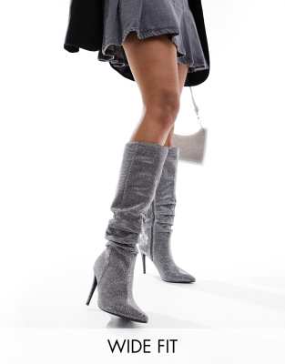 London Rebel Wide Fit stiletto ruche knee boots in silver glitter