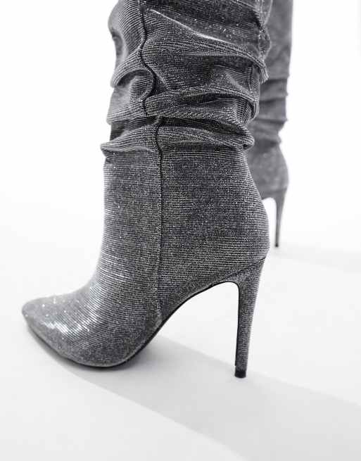 London Rebel Wide Fit stiletto ruche knee boots in silver glitter