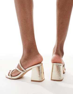 London Rebel Wide Fit Strappy Block Heeled Slip On Sandals In Gold ...
