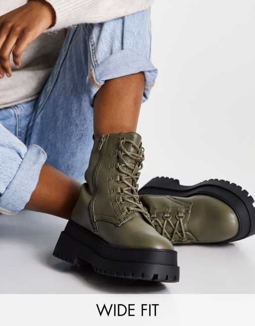 London Rebel wide fit super chunky lace up boots in khaki ASOS