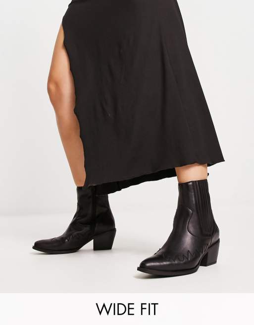 London Rebel Wide Fit – Svarta ankelboots i cowboystil av läder