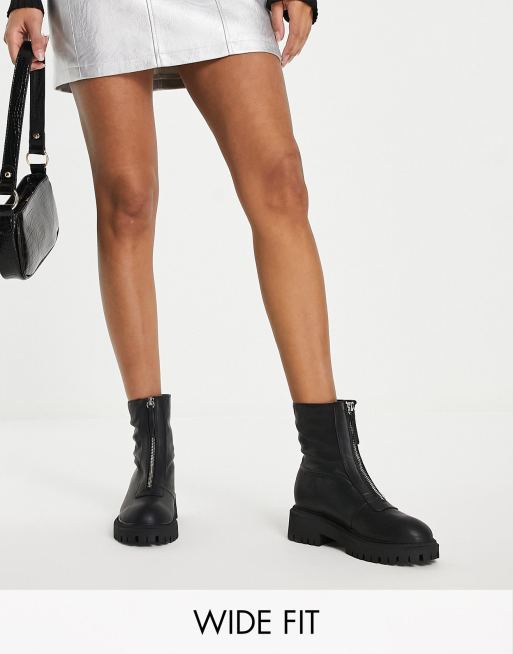 London Rebel Wide Fit – Svarta, grova boots med dragkedja framtill 