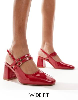 London Rebel Wide Fit - Talia - Schuhe in Rot mit Fersenriemen und mittelhohem Blockabsatz, weite Passform