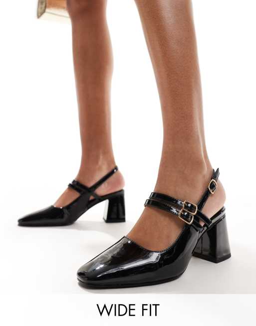 London Rebel Wide Fit – Talia – Schuhe in Schwarz mit Fersenriemen und mittelhohem Blockabsatz, weite Passform