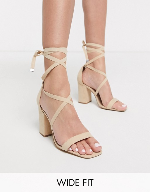 London Rebel wide fit tie leg barely there heeled sandal in beige