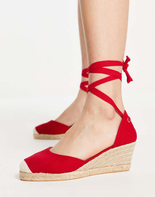 London Rebel wide fit tie leg espadrille wedges in red